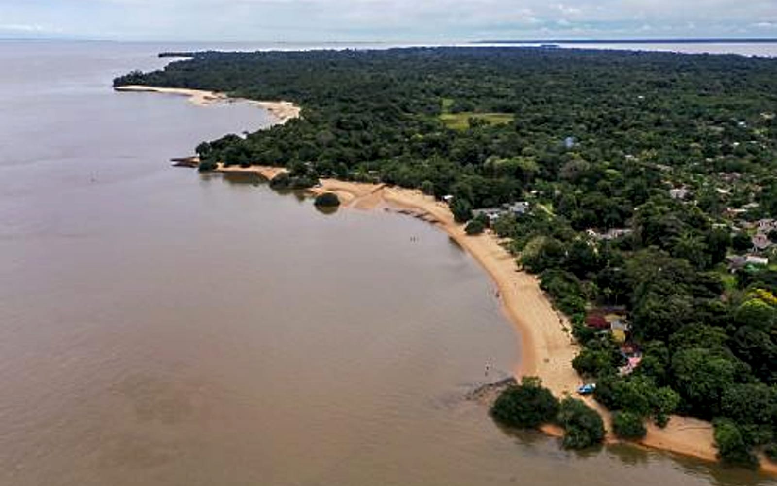 Vista aérea da curva de areia da Praia da Saudade, cercada de mata